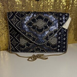 Elegant Navy Sequin Clutch with Chain Strap